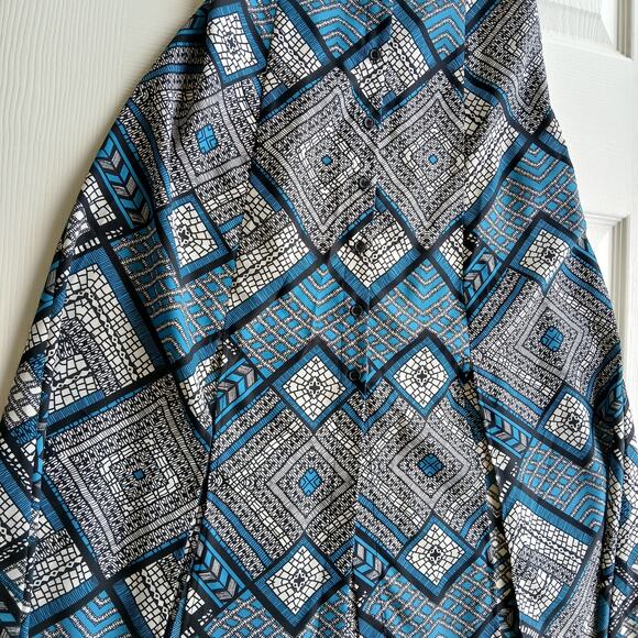 Fire Los Angeles Blue Button-up Maxi Dress M deep slits black mosaic waist tie - Picture 5 of 14